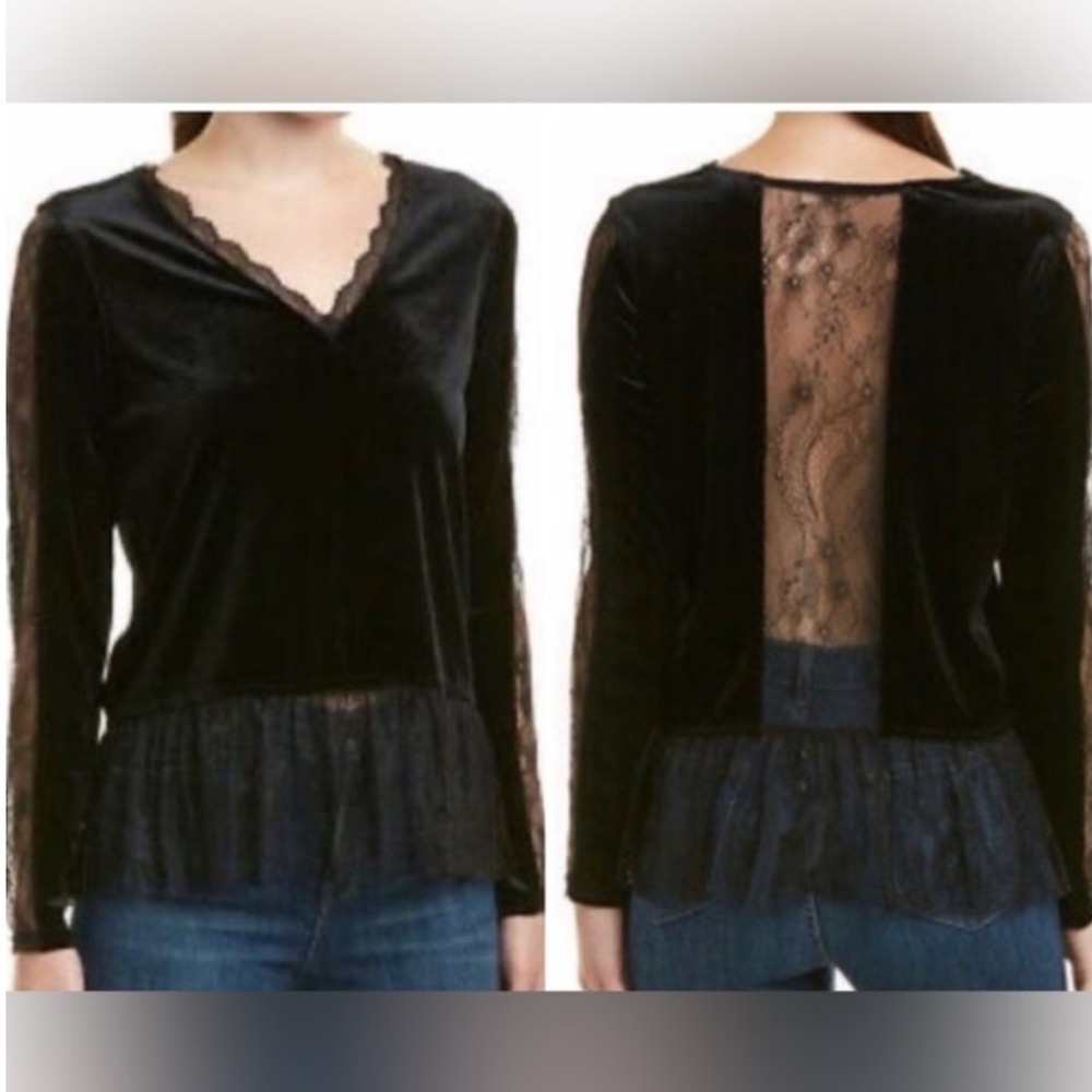 Free People Black Velvet Lace Peplum Top Sheer Back Size XSmall - Picture 1 of 9